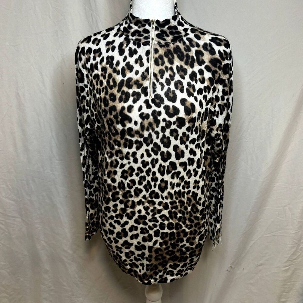 Chico's Leopard Print Mock Neck Zip Pullover Sweater Lightweight Womens Designer